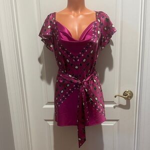 CACHE Magenta Satin Jewel Print Cowl Neck Belted Tunic M Medium $89 EUC KL